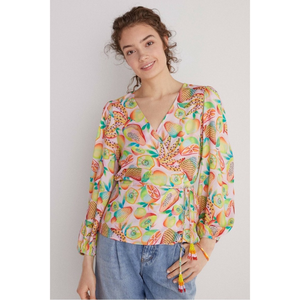 Anthropologie Multicolor Citrus & Tropical Wrap Blouse